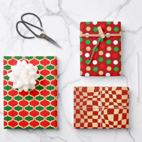 Classic Holiday Patterns Red Green and Gold Wrapping Paper Sheets