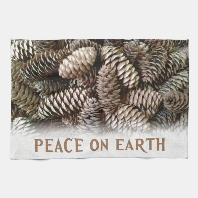 Classic Holiday Pine Cone Peace On Earth Kitchen Towel (Horizontal)