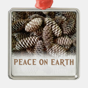 Classic Holiday Pine Cone Peace On Earth Metal Ornament