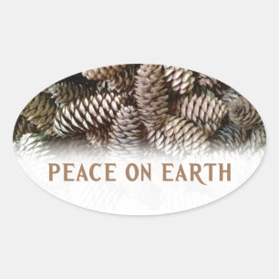 Classic Holiday Pine Cone Peace On Earth Oval Sticker
