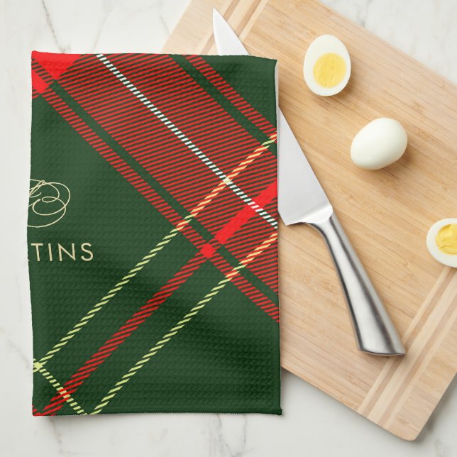 Classic Holiday Plaid Family Name Christmas Kitchen Towel (Quarter Fold)