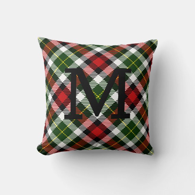 Classic Holiday Plaid Monogram INITIAL Christmas Throw Pillow (Front)