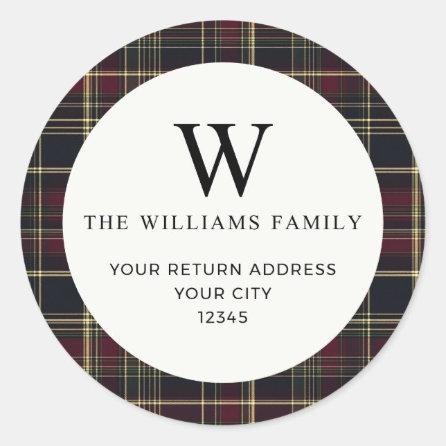 Classic Holiday Plaid Monogram Return Address  Round Sticker (Front)