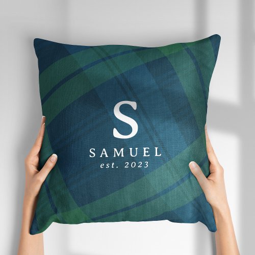 Classic holiday plaid navy green Christmas custom Throw Pillow