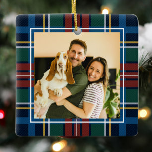 Classic holiday plaid one photo navy Christmas Ceramic Ornament