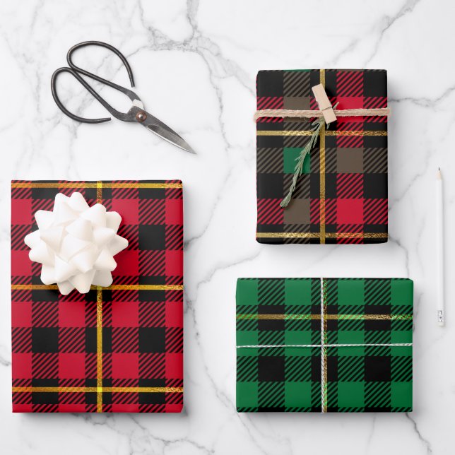 Classic Holiday Red Green Plaid Christmas Simple Wrapping Paper Sheets (Front)