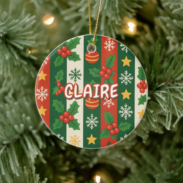 Classic Holiday Red Green Stripes Stars Snowflake  Ceramic Ornament (Tree)