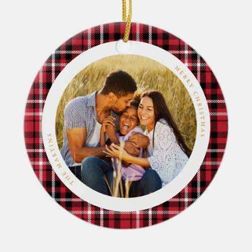 Classic Holiday Red Plaid Photo Ceramic Ornament