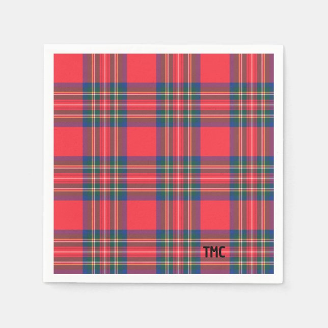 Classic Holiday Red Tartan Plaid Initials Festive Napkins (Front)