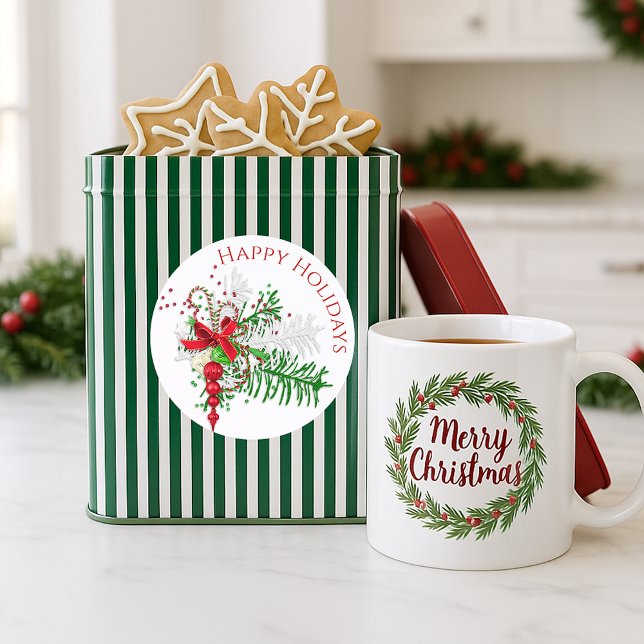 Classic Holiday Red White Candy Cane Green Foliage Round Sticker (Creator Uploaded)