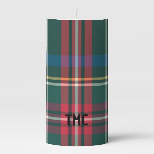 Classic Holiday Tartan Plaid INITIALS Festive Pill Pillar Candle (Front)