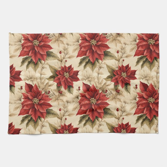 Classic Holiday Tea Towel Rustic Red Floral Style (Horizontal)