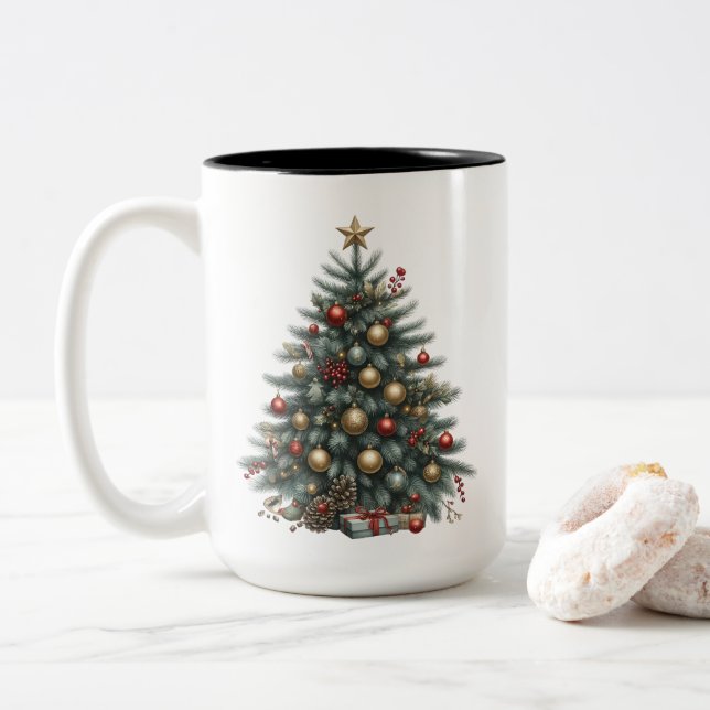 Classic Holiday Traditional Christmas Tree  Two-Tone Coffee Mug (With Donut)