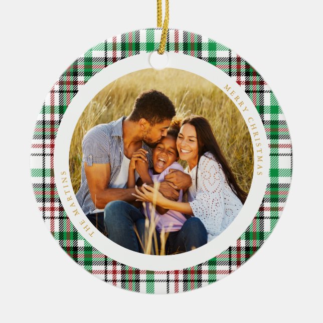 Classic Holiday White Plaid Photo Ceramic Ornament (Front)