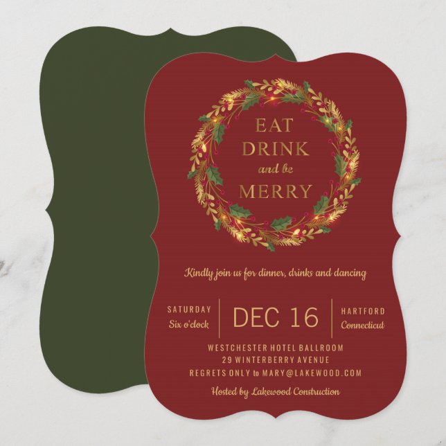 Classic Holiday Wreath Party Christmas red Invitation (Front/Back)