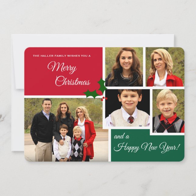 Classic Holly 5 Photo Holiday Card (Front)