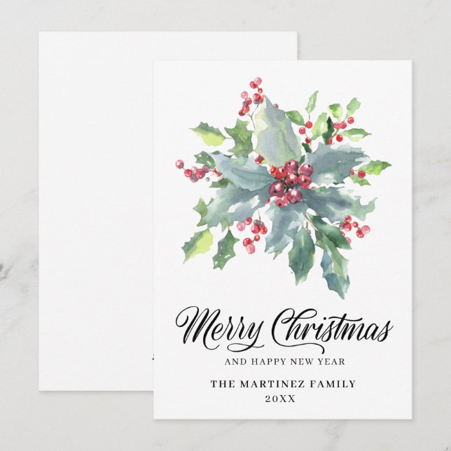 Classic Holly and Berry 2022 Christmas Greeting Holiday Card (Front/Back)