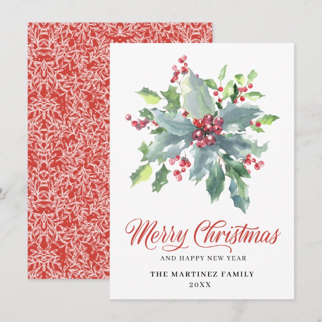 Classic Holly and Berry 2022 Christmas Greeting Holiday Card (Front/Back)