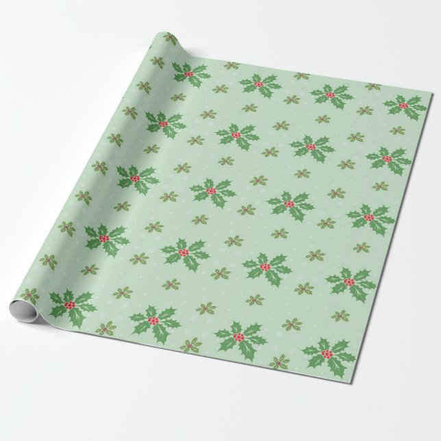 Classic holly and snowflake Christmas pattern Wrapping Paper (Unrolled)