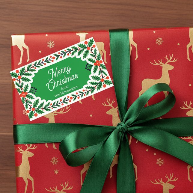 Classic Holly Berries & Pine Wreath Christmas Rectangular Sticker (Creator Uploaded)