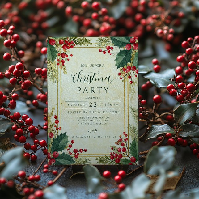 Classic Holly Berry Christmas Party Invitation (Creator Uploaded)