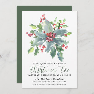 Classic Holly Berry Greenery Christmas Eve Party Invitation