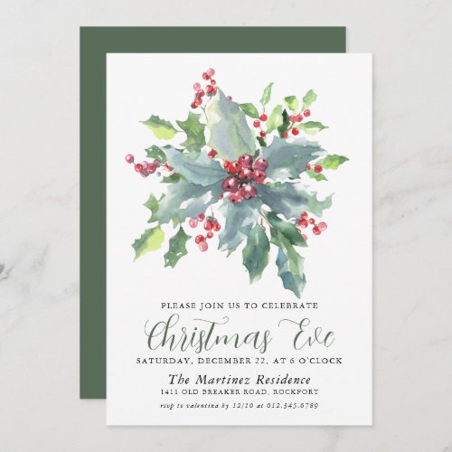 Classic Holly Berry Greenery Christmas Eve Party Invitation