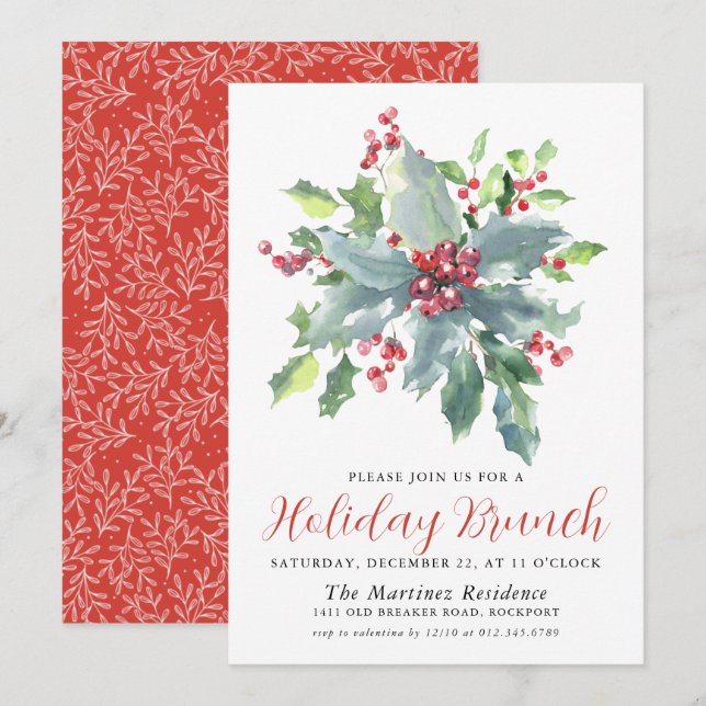 Classic Holly Berry Greenery Holiday Brunch Invitation (Front/Back)