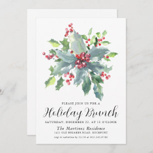 Classic Holly Berry Greenery Holiday Brunch Invitation