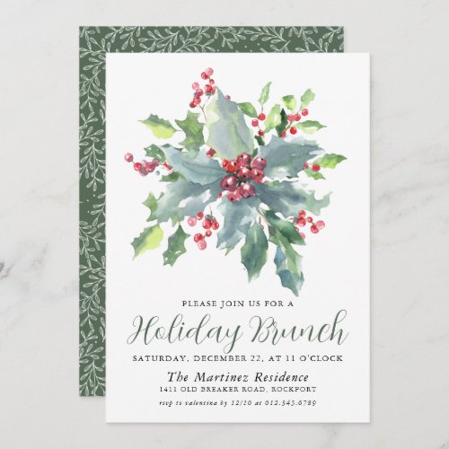Classic Holly Berry Greenery Holiday Brunch Invitation