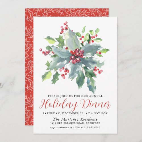 Classic Holly Berry Greenery Holiday Dinner Invitation