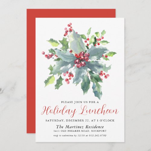 Classic Holly Berry Greenery Holiday Luncheon Invitation