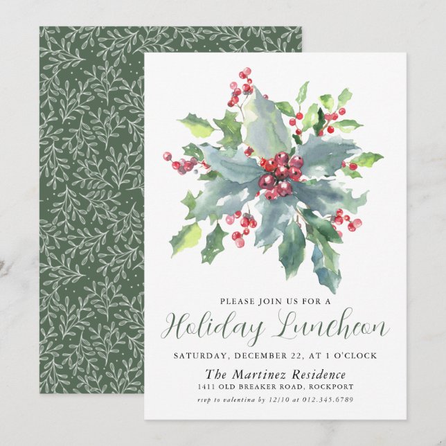 Classic Holly Berry Greenery Holiday Luncheon Invitation (Front/Back)
