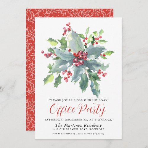 Classic Holly Berry Greenery Holiday Office Party Invitation
