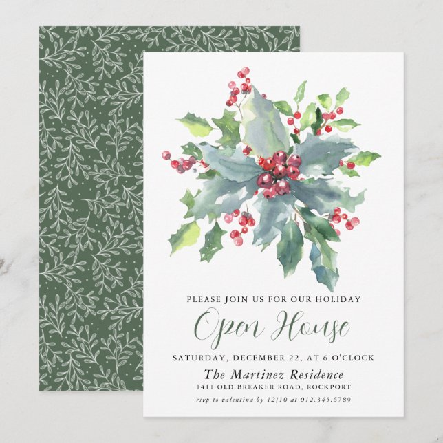 Classic Holly Berry Greenery Holiday Open House Invitation (Front/Back)