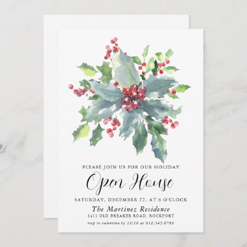 Classic Holly Berry Greenery Holiday Open House Invitation