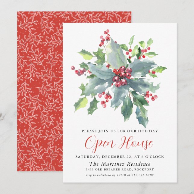 Classic Holly Berry Greenery Holiday Open House Invitation (Front/Back)