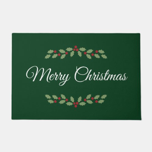 Classic Holly Berry Merry Christmas Green Simple Doormat