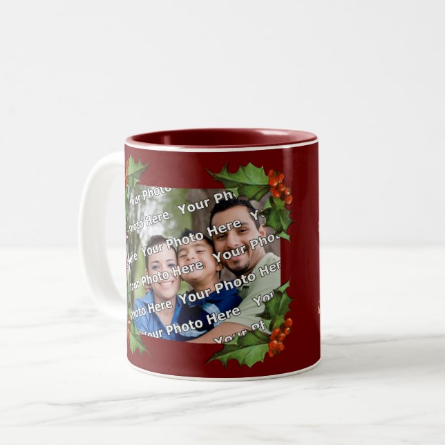 Classic Holly Border Christmas Photo Mug (Front Left)