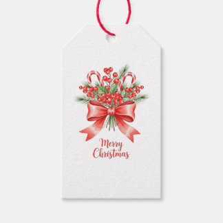 Classic Holly Candy Cane Christmas Bow Gift Tag