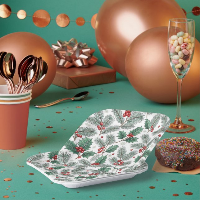 Classic Holly & Cherries Christmas Holiday Pattern Paper Plates (Multi)