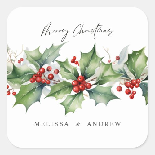 Classic Holly Christmas  garland with berries Square Sticker