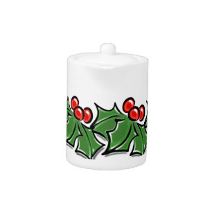 Classic Holly greenery red holly berries Teapot