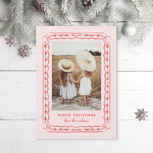 Classic Holly Painted Frame Pink Red Photo Holiday Card