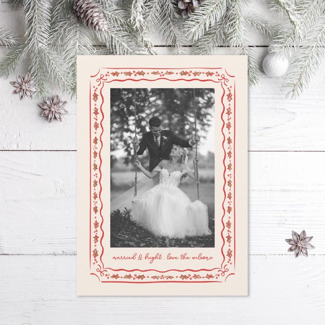 Classic Holly Painted Frame Wedding Photo Holiday Card (Creator Uploaded)