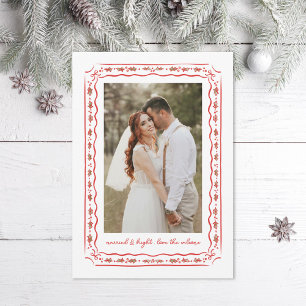 Classic Holly Painted Frame Wedding Photo Holiday Card