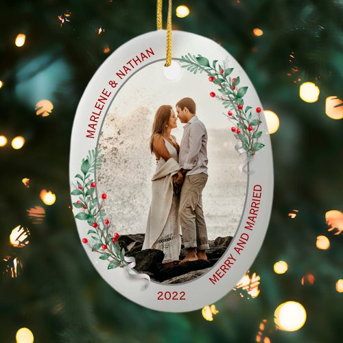 Classic Holly Pine Silver Frame Photo Newlyweds  Ceramic Ornament