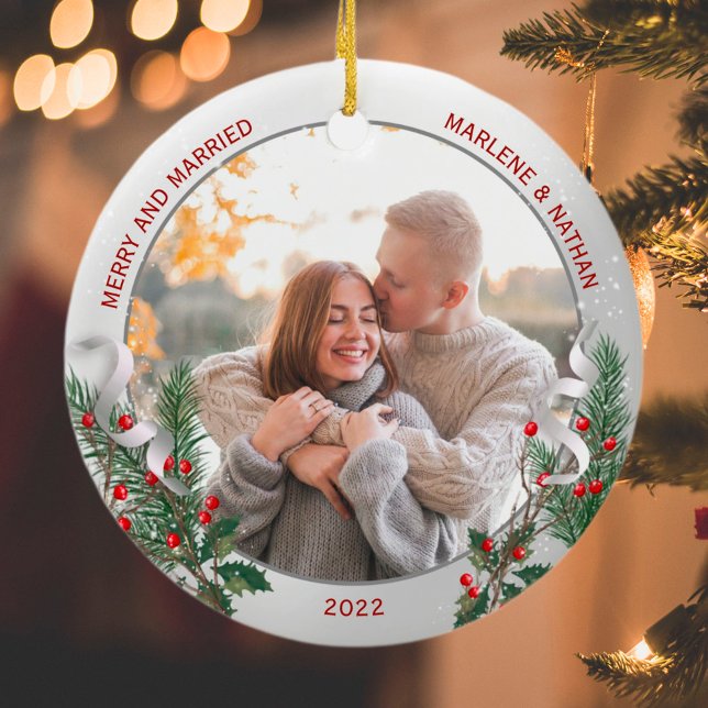 Classic Holly Pine Silver Frame Photo Newlyweds  Ceramic Ornament (Creator Uploaded)