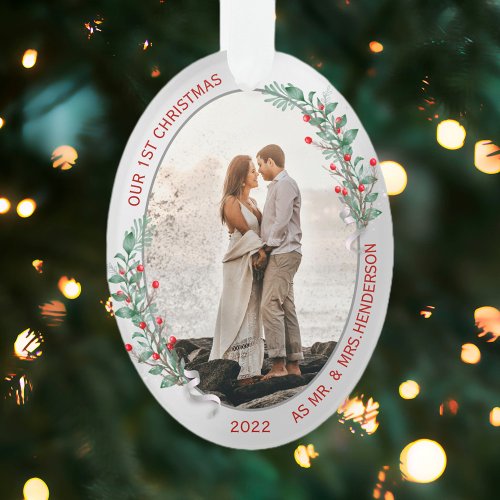 Classic Holly Pine Silver Frame Photo Newlyweds Ornament