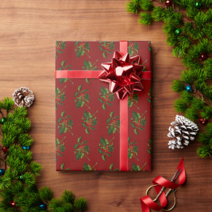 Classic Holly with Red Berries On Burgundy Wrapping Paper